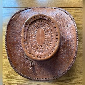 Vintage Tooled Leather Unique Embossed Hand Stitches Fedora Cowboy Hat